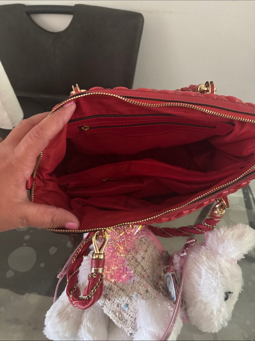 Quilted Red Women's Top-Handle Handbag with Gold Hardware - Picture 8 of 10